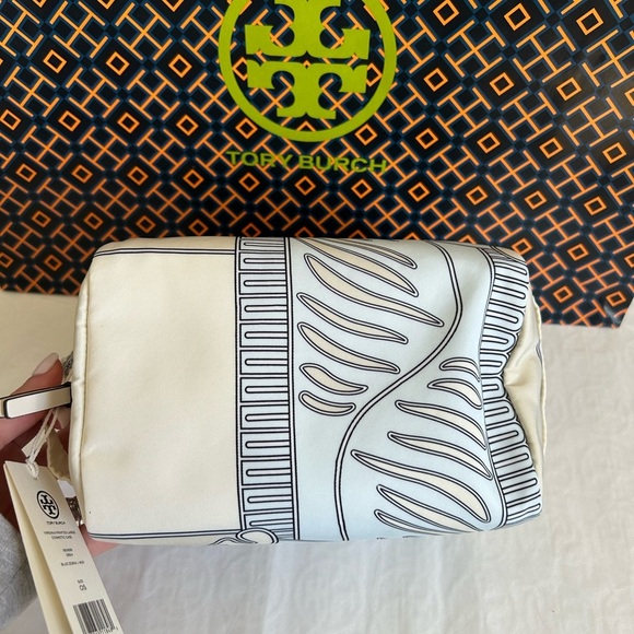 Tory Burch Virginia Printed Large Cosmetic Case Bag Blue Zebra Gold Blue Cream - Picture 4 of 10
